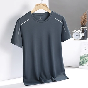 Dark gray ice silk mesh sports T-shirt with breathable fabric and reflective sport stripes