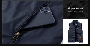 Detail view of large zipper pocket on navy outdoor vest showing depth for smartphones