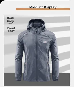 Front view of dark gray hooded sun protection jacket with outdoor functional ripstop fabric