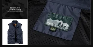 Detail of multi-pocket outdoor vest featuring breathable mesh lining and quality collar label