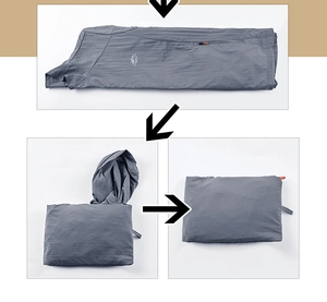 Foldable grey sun protection jacket showing step-by-step compact storage design