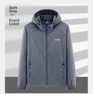 Front view of dark gray hooded sun protection jacket with outdoor lettering and zipper