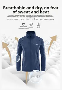 Detail showing moisture-wicking and quick-drying tech fabric of the navy sun jacket