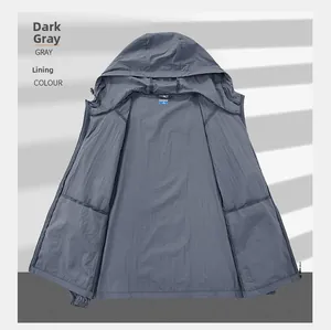 Detailed interior view of a gray hooded sun protection jacket with visible stitching and lining