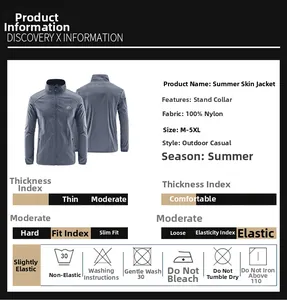 Detailed chart of lightweight men's UV protection jacket with fabric and size specs