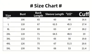 Detailed size chart for sun protection jacket showing bust, length, and sleeve measurements