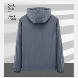 Back view of a grey hooded sun protection jacket with elastic cuffs and micro-textures