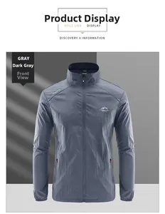 Front view of men's dark grey sun protection jacket with zip pockets and stand collar