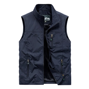 Men's Outdoor Cargo Vest Multi-Pocket Quick Dry Fishing Waistcoat Stand Collar Mesh Lining Casual Utility Jacket