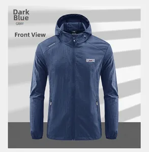 Close-up of dark blue hooded sun protection jacket with outdoor text and zipper pockets