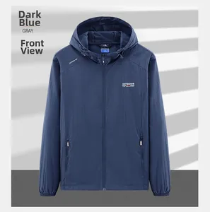 Front view of deep blue hooded sun protection jacket with outdoor adventure lettering