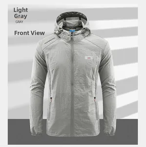 Front view of light gray hooded sun protection jacket with outdoor print and zipper detail
