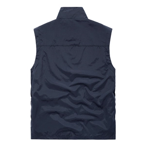 Back view of a casual dark blue outdoor vest with a stand-up collar and smooth finish