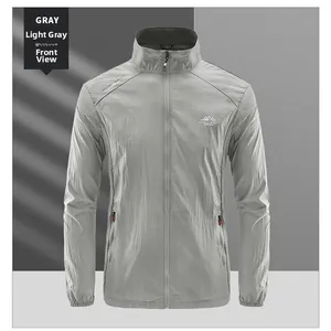 Front view of light grey men's sun protection jacket with stand collar and red zippers