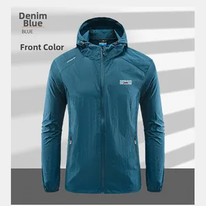 Front view of denim blue hooded sun protection jacket with outdoor print detail