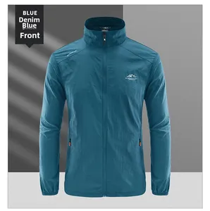 Detail view of denim blue men's sun protection jacket with outdoor logo and stand collar