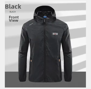 Detail of black hooded sun protection jacket with outdoor print and tech fabric texture
