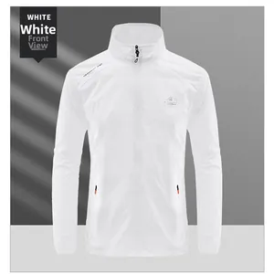 Detailed view of white lightweight sun protection jacket with zip-up collar and logo