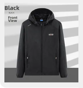 Front view of black hooded sun protection jacket with white outdoor lettering detail