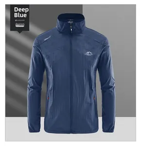 Front view of dark blue sun protection jacket with outdoor logo and stand collar detail