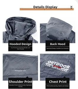 Detail view of hooded sun protection jacket with drawstring and outdoor adventure prints