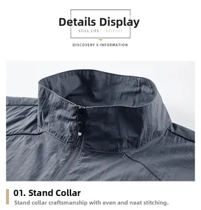 Detail view of the stand-up collar and smooth zipper on a dark gray sun protection jacket