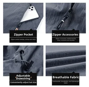 Detailed views of zipper pockets, adjustable toggle, and breathable tech fabric