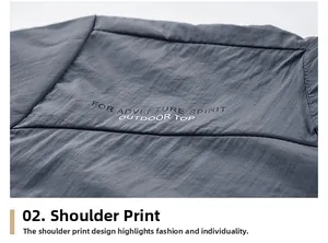 Detailed close-up of dark grey outdoor jacket shoulder seam with durable print