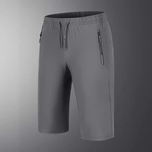 Men's dark gray quick-dry ice silk sports pants with elastic drawstring waist and zip pockets