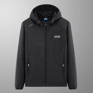 Men's lightweight black hooded sun protection jacket with breathable ice silk fabric