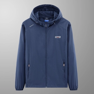 Navy blue hooded sun protection jacket with breathable ice silk fabric and zip pockets