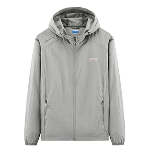 Men's grey hooded sun protection jacket with breathable ice silk fabric and outdoor prints