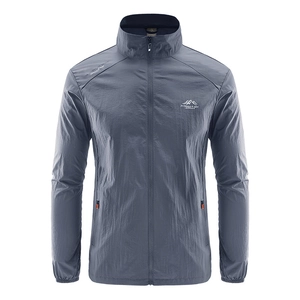 Men's thin ice silk sun protection jacket in dark grey with stand collar and orange zippers