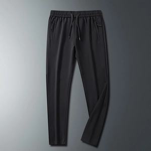Men's black ice silk lightweight quick-dry casual pants with drawstring and zipper pockets