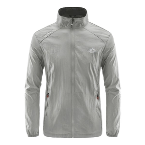Men's light gray sun protection jacket with breathable ice silk fabric and stand collar