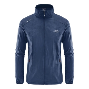 Men's lightweight ice silk sun protection jacket in navy blue with stand collar and zipper