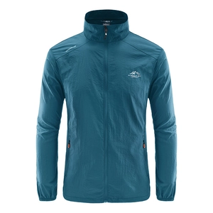 Men's lightweight ice silk sun protection jacket in blue with stand collar and zipper