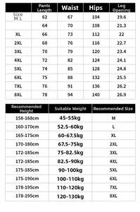 Comprehensive size chart for men's ice silk shorts covering sizes M up to 8XL