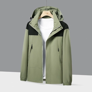 Men's olive green outdoor hooded jacket with black shoulder patches and drawstring