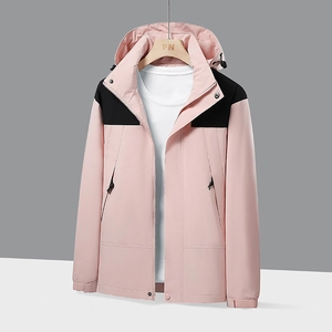 Outdoor hooded windbreaker jacket in pink and black contrast color block design