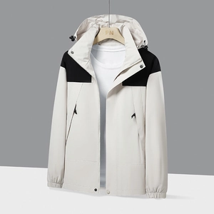 Men's casual hooded outdoor jacket in cream and black colorblock with zipper closure