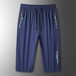 Men's navy ice silk sports shorts with elastic drawstring waist and zipper pockets