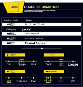 Detailed size chart and specifications for men's slim fit polyester baseball jacket