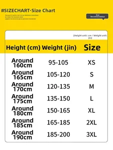 Size chart table for outdoor jacket ranging from XS to 3XL with height and weight guides