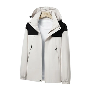 Men's and women's windproof hooded jacket in beige and black contrast panels