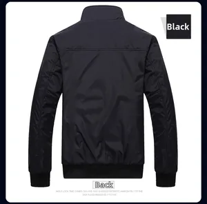 Back view detail of men's black stand collar jacket with ribbed cuffs and sleek seams