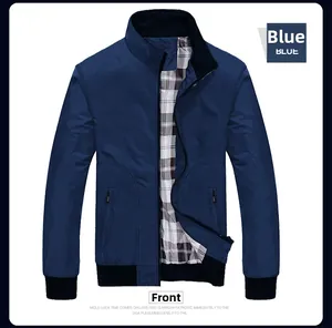 Detail of navy blue windbreaker jacket with plaid lining and ribbed cuffs and collar