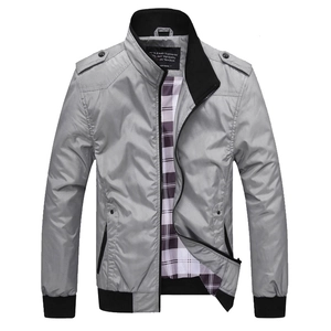Men's casual stand collar jacket in grey with black ribbed trim and plaid lining