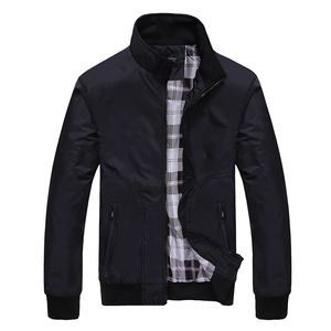 Classic black men's stand collar jacket with windproof fabric and plaid lining