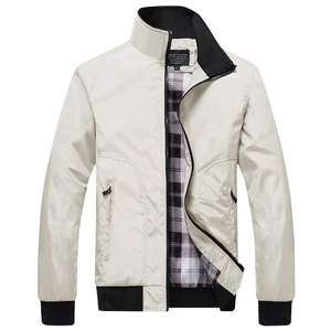 Beige men's stand-collar bomber jacket with black ribbed trim and classic plaid lining